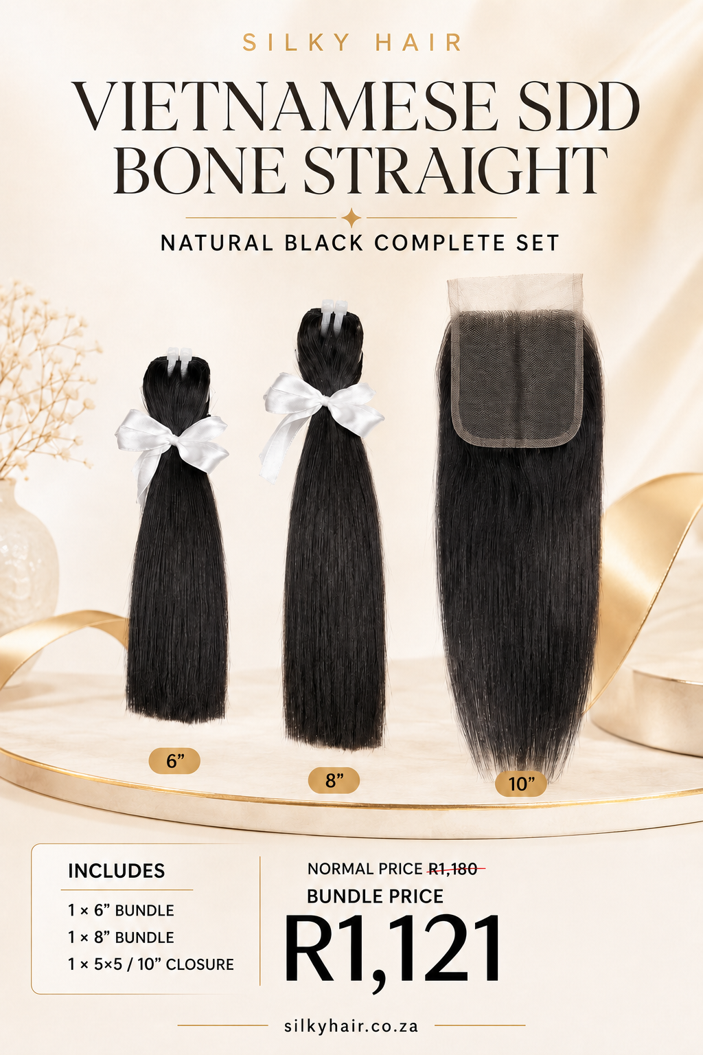 Vietnamese SDD Bone Straight Natural Black Complete Set - 6", 8" bundles and 5x5 10" closure